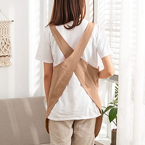 Cotton Cross Back Aprons Solid Color Cooking Kitchen Garden Smock for Women Girls with Pockets - color: Brown