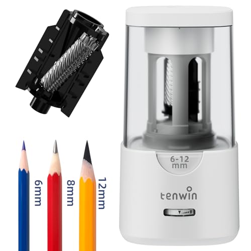 tenwin Electric Pencil Sharpener - Auto Stop, for 6-12mm Colored Pencils | Auto Stop, Sharp & Fast, for Wooden/No.2/Colored Pencils, Plug in, Helical Blade, Ideal for Home & Classroom - color: White
