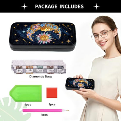 Sun Moon 5D Diamond Art Painting Kit, Hard Shell Eyeglasses Glasses Case | DIY Special Shaped Diamond Dots, Small Gem Art Paint Mosaic Kits, Cute Rhinestone Sunglasses Case for Adults Beginner Women - color: Black Sun & Moon