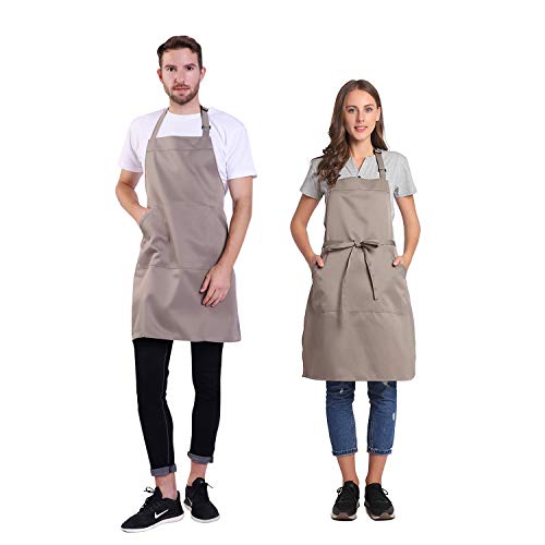 BIGHAS Adjustable Bib Apron with Long Ties for Women Men 18 Colors Chef Kitchen Cooking - color: Tan