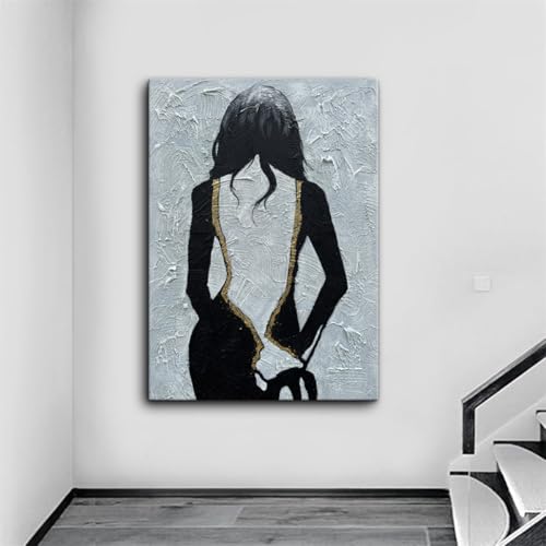zoinart Hand Painted Black and White Wall Art, 28x40 Inches, Abstract Girl Painting, Vertical Black and White Wall Decor, Textured Art - color: BL-057