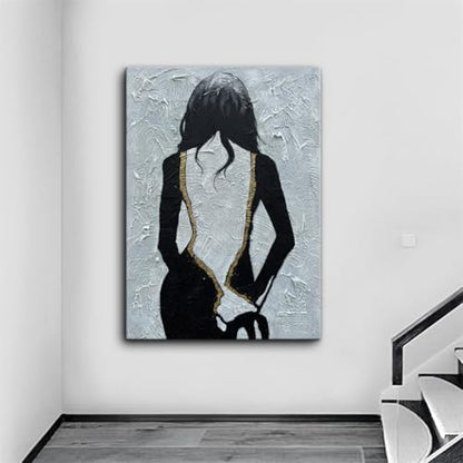 zoinart Hand Painted Black and White Wall Art, 28x40 Inches, Abstract Girl Painting, Vertical Black and White Wall Decor, Textured Art - color: BL-057