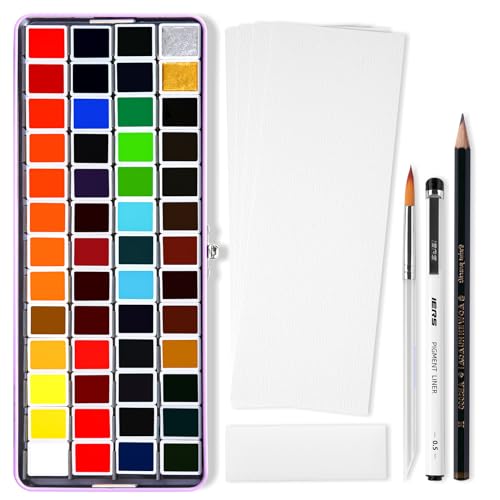 MeiLiang 52 Colors Watercolor Paint Set, Half Pans | Includes Pencil, Brushes, Paper, Sponge & Pens. Ideal for Adults, Travel, Purple Storage Box - style: Solid Watercolor 52 Color Purple Case
