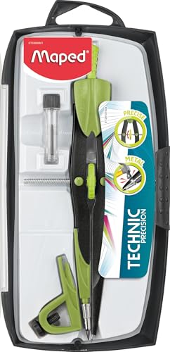 Maped Precision Compass for Circles up to 300 mm - Metal Baluster Compass with Universal Ring and Lead Case - Random Colour