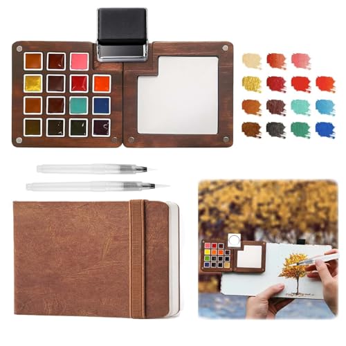 Mini Watercolor Paint Set - 15 Color Travel Watercolor Palette Set - Portable Water Color Paint Set with Watercolor Journal, Binder Clips,Pens,Storage Bag, Wooden Box for Beginners Painters Artists Student - color: Yellow 15 Colors with Sketchbook