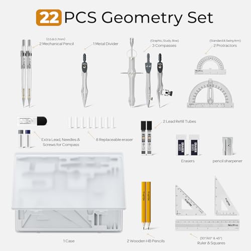 Nicpro 22 PCS Compass Geometry Tools with Case, Drafting Tool Geometry Set | With Swing Arm Protractor, Rulers, Metal Compass, Square Set, Mechanical Pencil, Back to School Supplies for Students