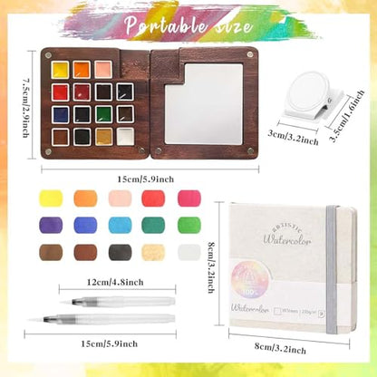 Travel Watercolor Paint Set - Pocket 15-Color Mini Kit with Sketch Pad - color: 15 Colours with Watercolorbook 3.14in