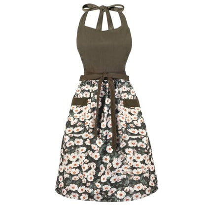 Cute Floral Apron for Women with Pockets, Cotton, Adjustable Straps - color: Olive Green