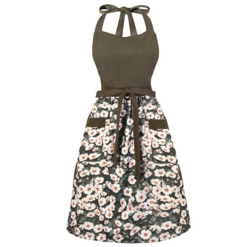 Cute Floral Apron for Women with Pockets, Cotton, Adjustable Straps - color: Olive Green