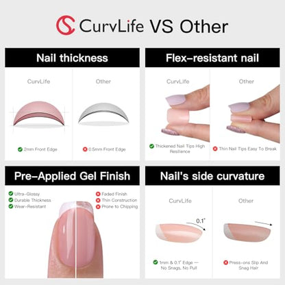 CurvLife Medium Square Marble Press On Nails, Pink, Soft Gel | 32PCS 16 Sizes, Salon-Quality Natural Fake Nails, Curved Fit, 7-14 Day Glue-On Wear, Reusable Stick-On Nails, Press-On Kit - color: Pink marble