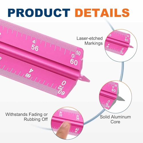 HARFINGTON 2 Pcs Architectural Scale Ruler, 12 Inch Standard Aluminum Alloy Architect Triangular Large Scale Laser-Etched Blueprint Drafting Ruler for Architects Engineers, Rose Red - color: Rose Red, size: 12 Inch