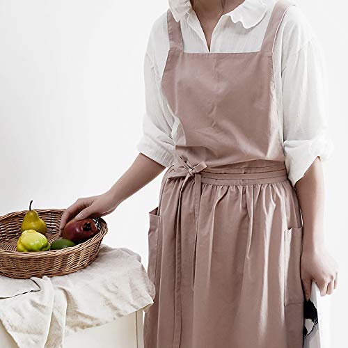VLZUFE Women Cotton Linen Cross Back Apron with Pockets for Gardening Works Pinafore Dress - color: Pink