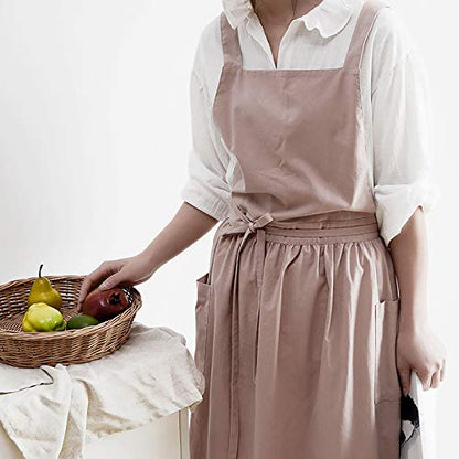 VLZUFE Women Cotton Linen Cross Back Apron with Pockets for Gardening Works Pinafore Dress - color: Pink