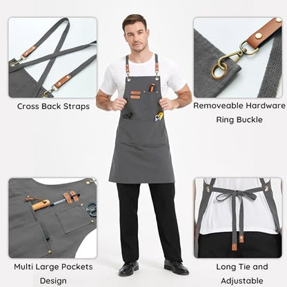 Chef Canvas Aprons with 3 Large Pockets Adjustable Strap for Men Women - color: Gray