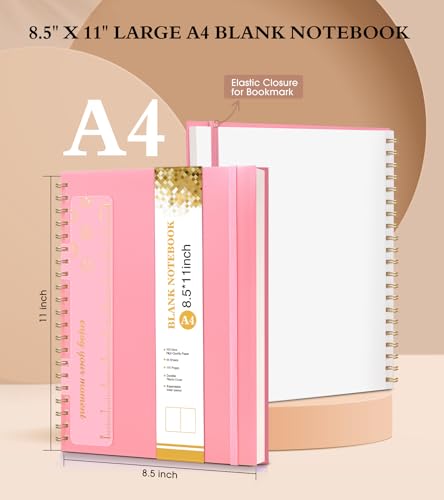 Blank Spiral Notebook Journal 8.5” x 11”, A4 Large Pink Sketch Book for Women Men, 100 GSM Blank Paper Drawing Notebook, Plastic Hardcover Spiral Bound Sketchbook for Sketching Work School Writing - color: Pink, size: Plain