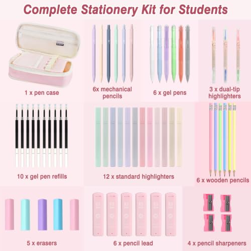 MoKo Pencil Case with Supplies, 59Pcs Aesthetic School Set, Pink | Includes gel pens, wooden and mechanical pencils, 0.5 and 0.7 mm refills, highlighters, erasers and sharpeners. - color: Pink-59P
