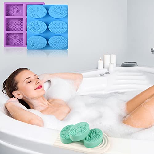 Sakolla 2 Pack 6 Cavity Bee Silicone Soap Molds Rectangle Oval Honeycomb Silicone Molds Loaf Handmade Molds for Soap Making Supplies DIY Wax Melts, Beeswax, Cake Chocolate Bakeware - color: Honeycomb/Purple & Blue