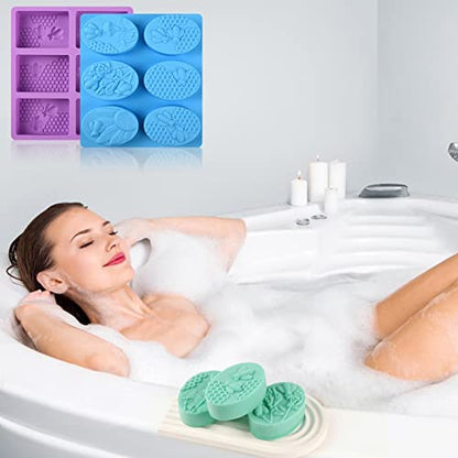 Sakolla 2 Pack 6 Cavity Bee Silicone Soap Molds Rectangle Oval Honeycomb Silicone Molds Loaf Handmade Molds for Soap Making Supplies DIY Wax Melts, Beeswax, Cake Chocolate Bakeware - color: Honeycomb/Purple & Blue
