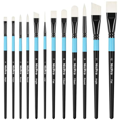 Nicpro 12pcs Artist Paint Brush Set, Paint Brushes for Acrylic Painting | Firm Synthetic Bristle Paintbrushes with Flat Round Filbert Angle Bright Liner for Oil Gouache, Tempera, Craft, Model, Fabric - color: Black-blue