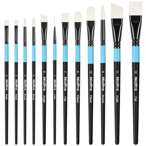 Nicpro 12pcs Artist Paint Brush Set, Paint Brushes for Acrylic Painting | Firm Synthetic Bristle Paintbrushes with Flat Round Filbert Angle Bright Liner for Oil Gouache, Tempera, Craft, Model, Fabric - color: Black-blue