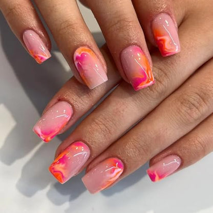 CurvLife Medium Square Marble Press On Nails, Pink, Soft Gel | 32PCS 16 Sizes, Salon-Quality Natural Fake Nails, Curved Fit, 7-14 Day Glue-On Wear, Reusable Stick-On Nails, Press-On Kit - color: Pink marble