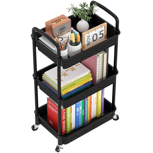 MOYIPIN 3-Tier Plastic Rolling Utility Cart with Handle,Black | Utility Storage Cart for Office, Living Room, Kitchen,Movable Storage Organizer，Easy installation，Rattan-like art design - color: Black, size: 3-Tiers without cups