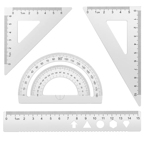 MSDADA Triangle Ruler, Protractor, Square and Ruler Set, 4 Pieces Aluminum Alloy Ruler, Metal Drafting Ruler Kit, Geometric Protractor for Student, School, Home, Office (Silver, 15cm/5.9inch) - color: Silver, size: 15cm
