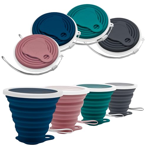 Litoexpe 4 Pack Silica gel Collapsible Travel Cup 270ml | Dark Gray & Pink & Navy Blue, with Lids, Portable Folding Camping Cup, for Camping and Travel - color: Dark Gray & Pink & Navy Blue &Teal