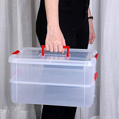 JUXYES 2-Tiers Plastic Stack Carry Storage Containers Box wih Handle Lids - color: Red