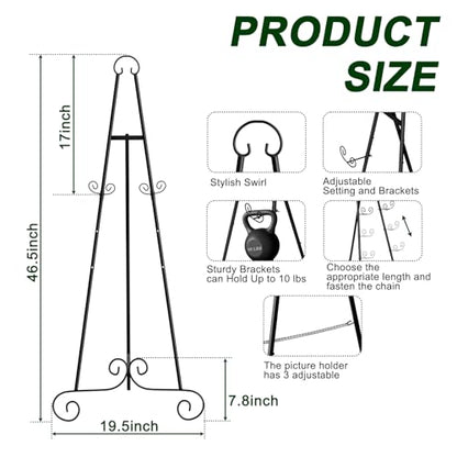 2 Pack 46'' Metal Round Tube Scroll Display Easel, Classic Black Decorative Large Adjustable Floor Standing Easel with Chain Support, Perfect for Showcasing Pictures, Artwork, Wedding Sign Etc