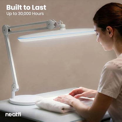 Neatfi XL 2,200 Lumens 20W LED Task Lamp – 23” Ultra-Wide Head | 182 SMD LEDs | 4 Brightness Levels | 3 Light Modes | Eye-Caring, Glare-Free | Adjustable Arm (White, CCT with Clamp) - color: White