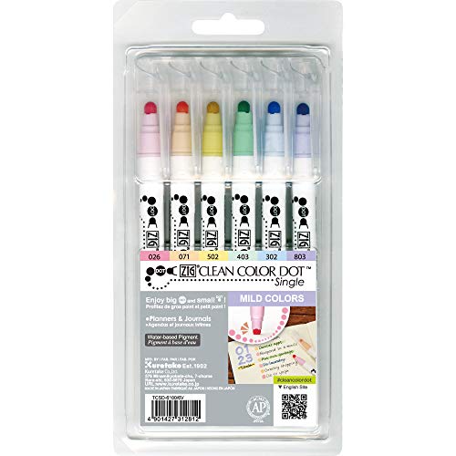 Kuretake CLEAN COLOR DOT Single Mild 6 colors set, Flexible dot tip marker, for Journals, Crafts, Illustration, Lettering, Planners, Made in Japan - style: Mild 6 colors set(single tip)