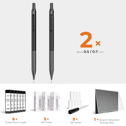 Four Candies 2PCS 0.5mm & 0.7 mm Metal Mechanical Pencils Set, 360PCS Lead Refills, 12 Erasers, Cool Lead Pencil with Case for School Writing, Sketching, Technical Work, Art Projects, Black | 360PCS HB Lead Refills, 3 Erasers, 9 Eraser Refills, for School