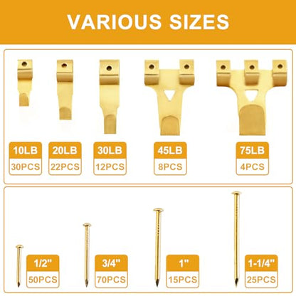303Pcs Picture Hanging Kit, Picture Hangers Assorted Kit with Heavy Duty Picture Hanging Hooks/Hardware Nails/Sawtooth/Wire/D Rings/Level, Metal Picture Wall Hooks for Frame Canvas Mounting - size: Gold