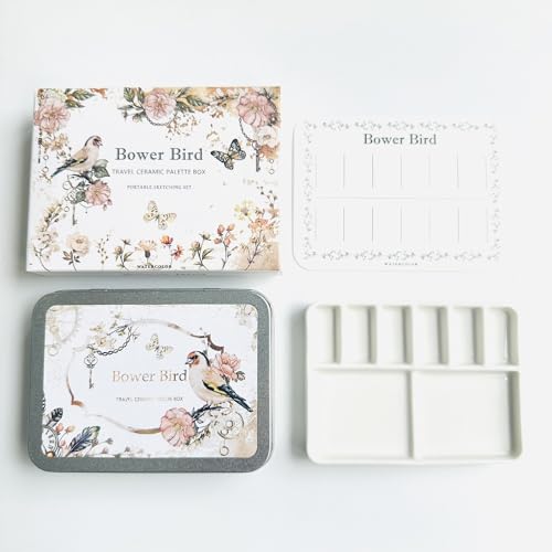 Bower Bird Travel Watercolor Palette,Portable Ceramic Palette 6 Well,Empty Paint Palette,Small Travel Metal Paint Boxwith Porcelain Palette (6Well)