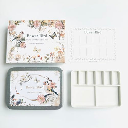 Bower Bird Travel Watercolor Palette,Portable Ceramic Palette 6 Well,Empty Paint Palette,Small Travel Metal Paint Boxwith Porcelain Palette (6Well)
