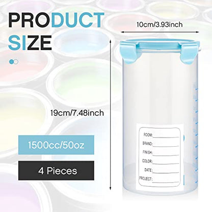 4 Pcs Plastic Paint Containers with Lids 50 oz Paint Storage Containers for Leftover Paint Cups with Lids Airtight Paint Holder Empty Paint Can, 1500ml