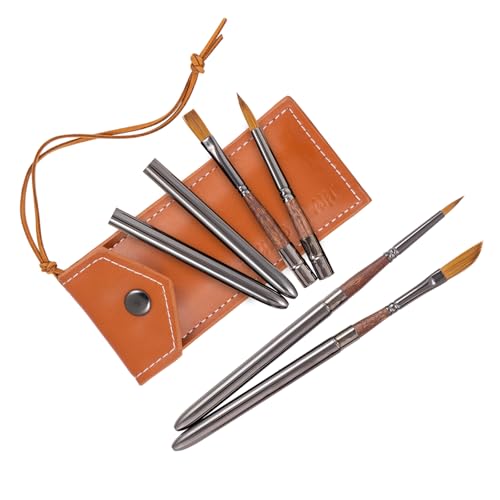 Falling in Art 4 Pcs Travel Watercolor Paint Brush Set | Synthetic Wolf Hair Travel Paintbrush with Leather Pouch for Acrylic, Gouache, Oil and Watercolor Painting - size: 4 Pcs Small to Medium