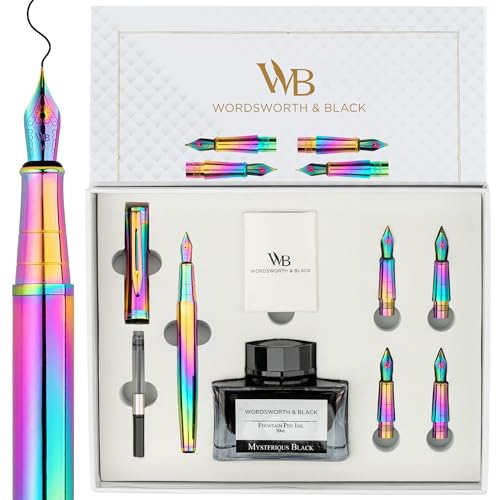Wordsworth & Black LuxuryFountain Pen Set for Writing, 6 Nibs, Rainbow | Fountain Ink Bottle, Cartridges & Refill Converter, Refillable, Rainbow,High End Gift for Men & Women, Journaling & Lettering - color: Rainbow