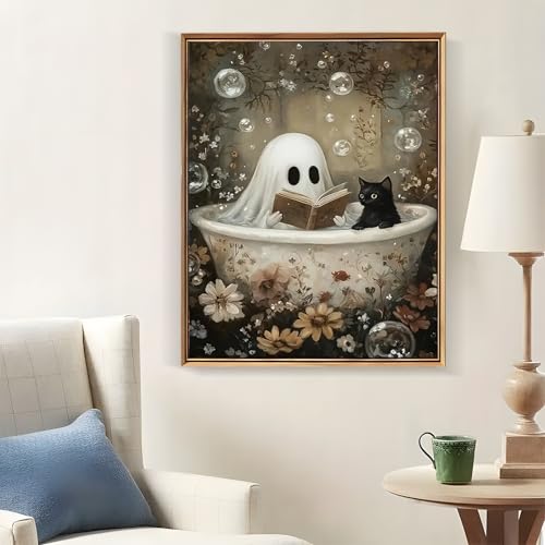 LKHMVCA Halloween Ghost Read Cat Flower Paint by Number Kits for Adults, DIY Paint by Numbers Kits for Adults Beginners Without Frame, Acrylic Paint Canvas Painting Kits Art for Home Decor 16x20 Inch - color: Halloween Ghost Cat