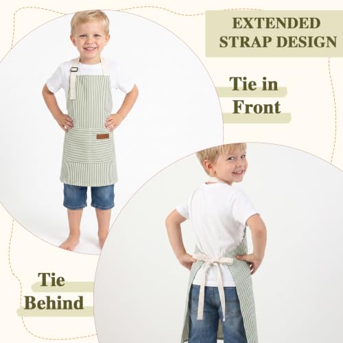 3 Pack Stripes Kids Apron, Adjustable Kids Cooking Aprons with 2 Pockets, Cute Chef Baking Aprons for Boys and Girls - color: Pink + Green + Khaki, size: 45x50cm