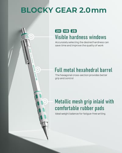 Nicpro 3 Pack Blocky Gear 2.0 mm Metal Mechanical Pencils Set with Case | Drafting Pencil with 13 Tubes 2mm Lead Refills (HB 2B 2H 4B 4H 6B & Colors), Erasers for Carpenter Writing Drawing - style: 2.0mm