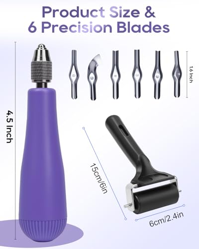 UCEC Linocut Carving Tools 6 Blades & 2.4in Brayer, Purple for Beginners | Linoleum Cutter for Block Printing Supplies, DIY Sculpture&Beginners, Universal Size 6 Blades, Linocut Tools with Brayer - color: 2pcs(linoleum Knife+2.4 Inch Brayer Roller)