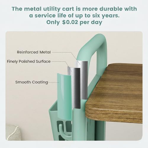 3 Tier Rolling Cart, Metal Storage Cart with Wooden Tabletop, Storage Cart with DIY Pegboards & Locked Wheels, Hooks & Hanging Cups for Any Room - color: Green