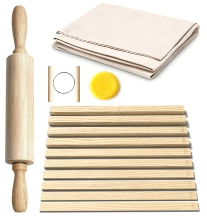 13 Pcs Pottery Tools, 5 Size Teaching Rolling Mud Stick Guide, Wood Rolling Pin, Pottery Special Linen, Clay Fabric, Sponge, Premium Pottery Tools for Hobbyists & Ceramic Artists