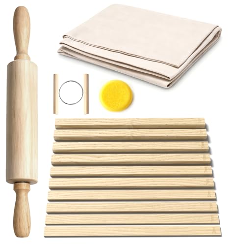 13 Pcs Pottery Tools, 5 Size Teaching Rolling Mud Stick Guide, Wood Rolling Pin, Pottery Special Linen, Clay Fabric, Sponge, Premium Pottery Tools for Hobbyists & Ceramic Artists