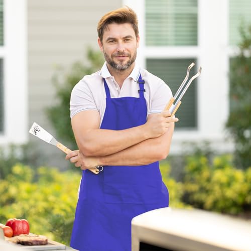 Adjustable Bib Apron 100% Polyester Kitchen Aprons Waterdrop Resistant Aprons with Adjustable Strap, Pockets & Long Ties - color: Royal Blue, style: Pack of 2