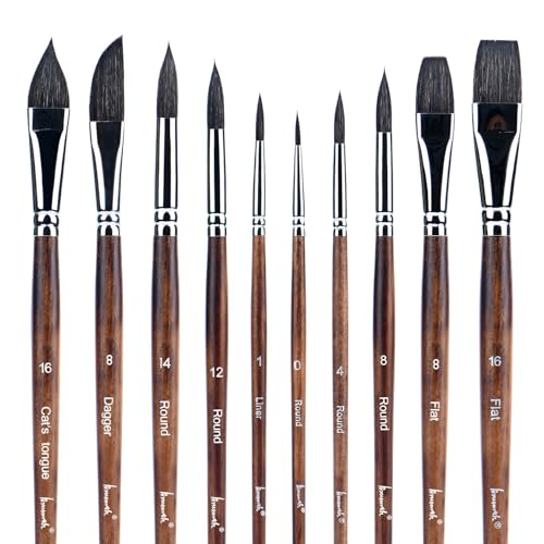 Brusarth Watercolor Brushes, Synthetic Squirrel Hair Paint Brush Set | 10 Pcs Soft Synthetic Squirrel Paint Brushes, Including Pointed Rounds, Flats, Dagger, Cats Tongue, Oval Wash