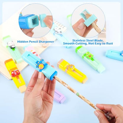 24 Pcs 2-in-1 Cute Retractable Eraser with Pencil Sharpener, Cute Kawaii School Supplies for Kids, Fun Cartoon Design for Classroom, Party Favors and Back to School Gifts