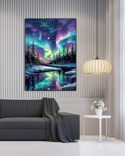 Northern Starry Night Diamond Art Kits for Adults, Diamond Art 12X16 Inch - color: Landscape 01